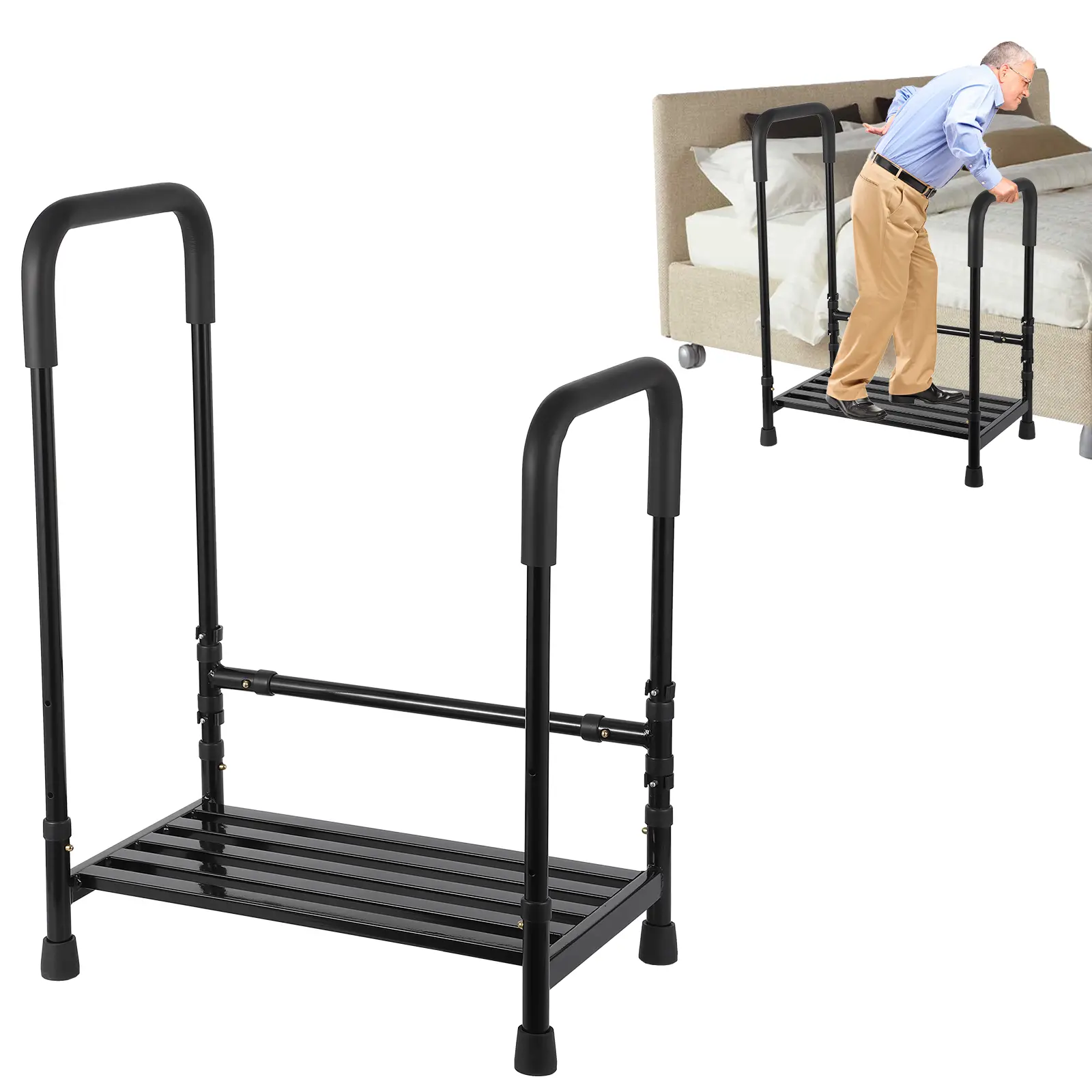 Step Stool with Handrail & Non-Slip Rubber Platform, Lightweight Sturdy Step Ladder for Seniors Adults Kids, 450 LBS Weight Capacity, Adjustable Height Handrail 8.5–16.5 Inches, Safe Bedside Step Stool