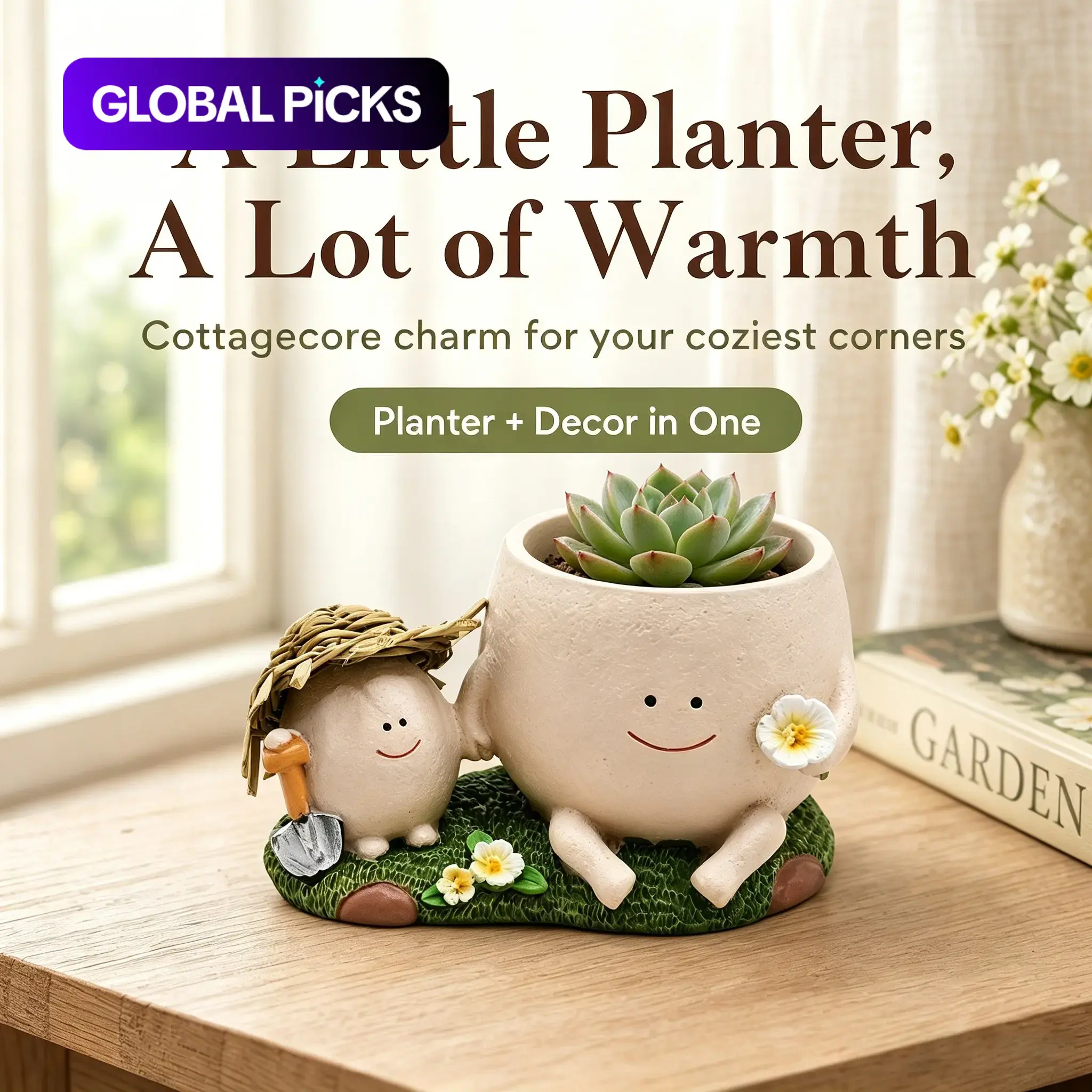 Cute Smiley Face Duo Resin Succulent Planter Pot, Cartoon Figurine Small Flower Pots with Straw Hat Shovel Grass Base, Decorative Flower Vase Planters for Indoor Cactus Plants, Desktop Home Office Table Decor Ornament Gift for Plant Lovers