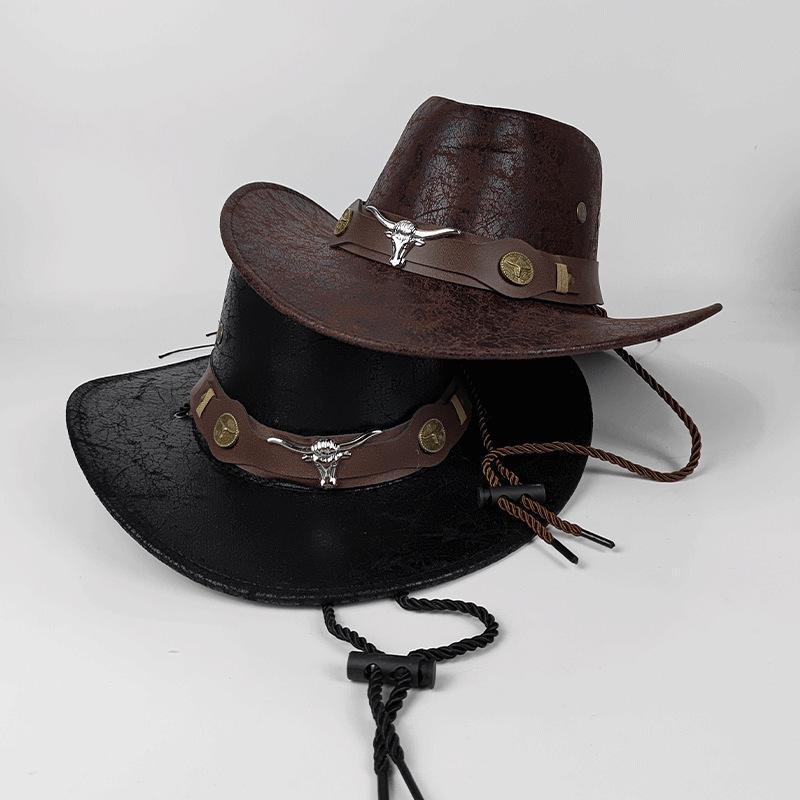 1PC This Jazz Hat  Its Unique Texture Design  Features A Distinctive Bull Head Belt with Riveted.Instantly Catches The Eye And