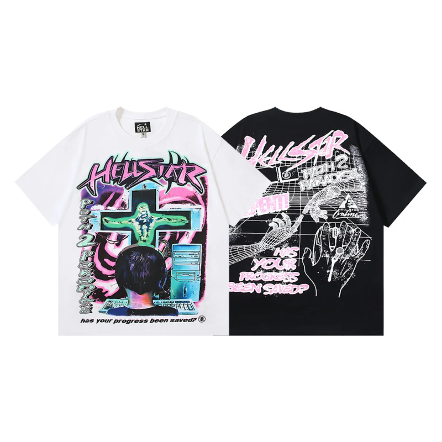 Hellstar Path 2 Paradise Cross Graphic T-Shirt Men White Vintage Skull Hand Print Oversized Cotton Short Sleeve Tee For 4th Of July Summer Hip Hop Street Casual Outfit