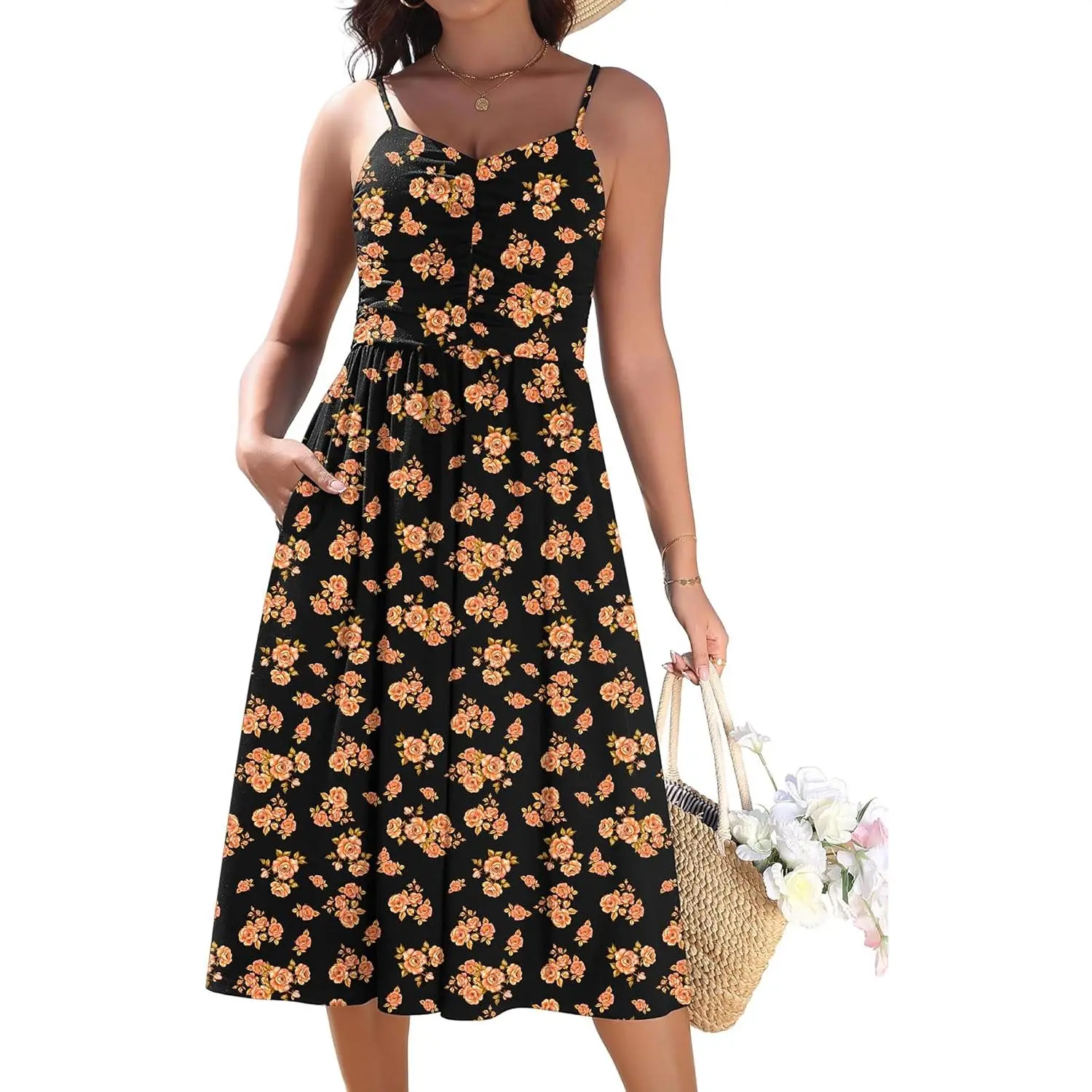 Women 2026 Summer Adjustable Spaghetti Strap Sundress Casual Ruched Floral V Neck Midi Flowy Beach Dress with Pockets