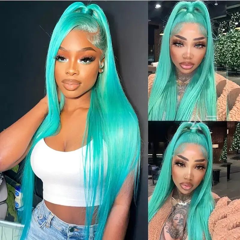 Women's Synthetic Lace Front Long Wig - Natural Straight Lake Blue, Matte Finish High-Temperature Heat Resistant Fiber, 13*4 Hand Hook 1013 Points 613, Dropshipping Friendly, Lace Frontal Wigs