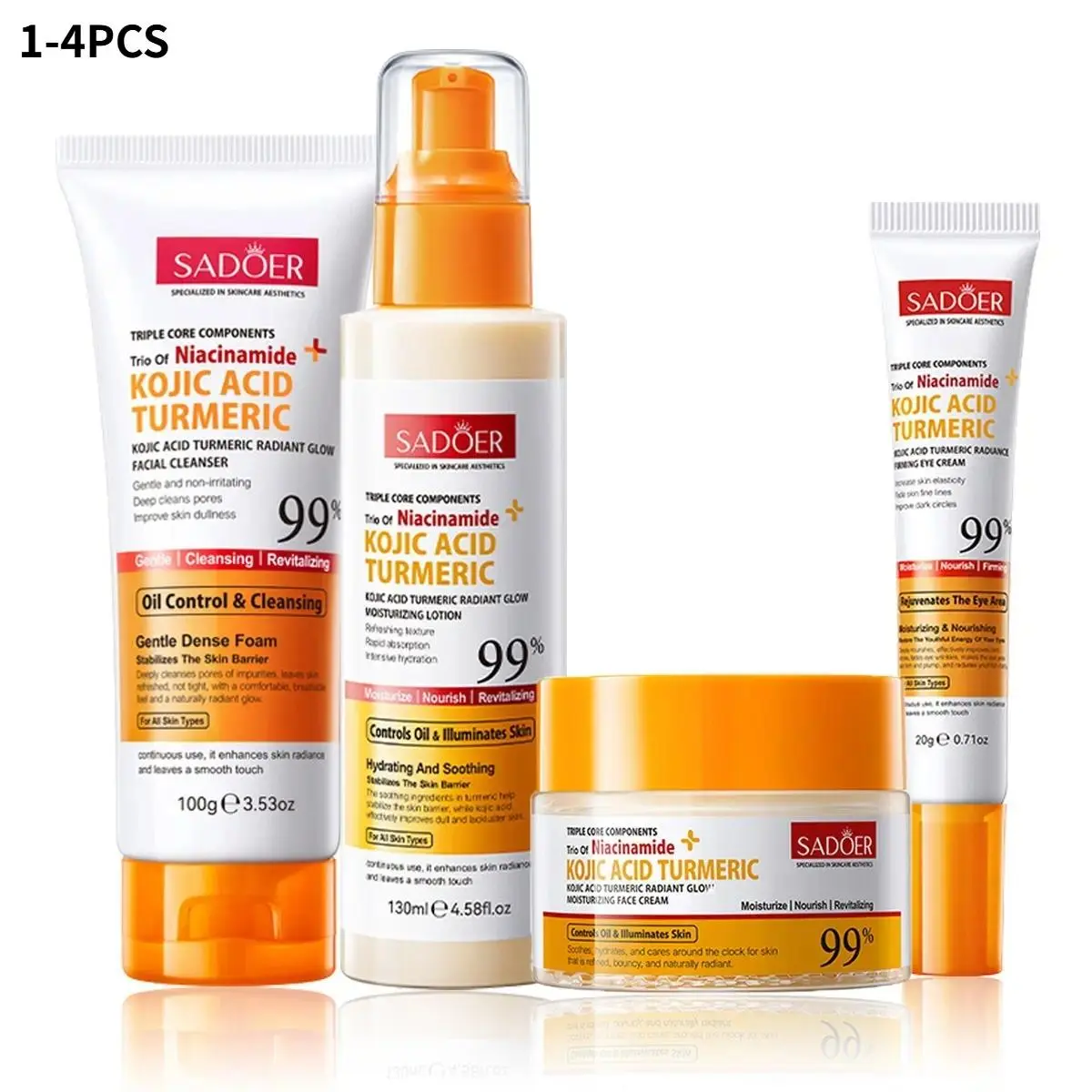 99% Kojic Acid Turmeric Skincare Set, Cleanser + Lotion + Cream + Eye Cream, Deeply cleanses, moisturizes and smooths, gently firms, suitable for different skin types, Korean skincare product, Cleansing Set, Turmeric Facial Set, Skin Care Kits