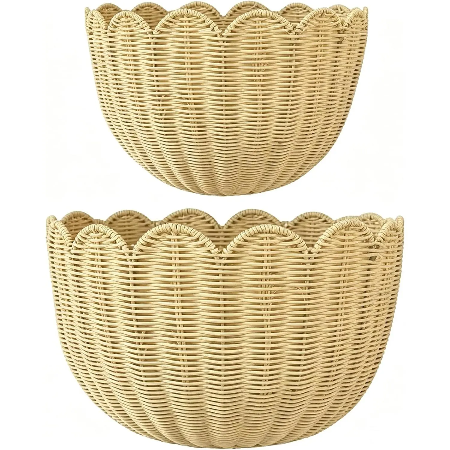 Scalloped Wall Baskets Set of 2, Hand Woven Hanging Wicker Wall Baskets with Hook, Boho Rattan Wall Storage & Decor for Nursery, Bathroom, Kitchen, Living Room - Natural Handcrafted Woven Home Decor