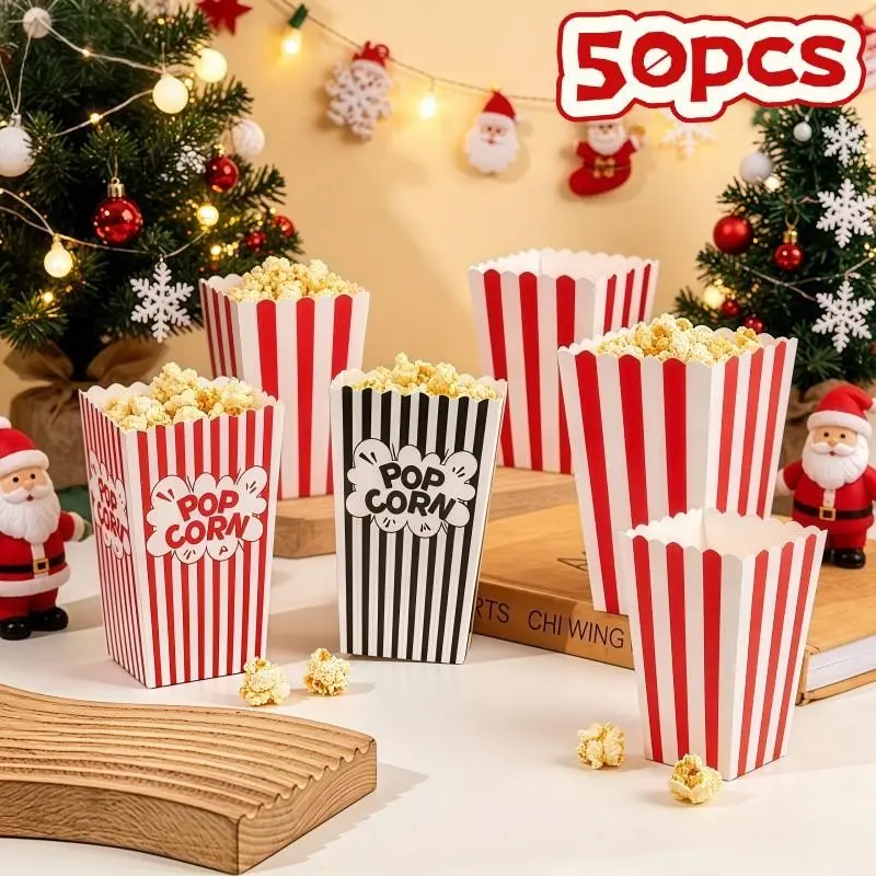 50 Retro Striped Disposable Popcorn Paper Buckets, Party Supply, Thick Durable Leak-Proof, Wave Edge Design, Perfect for Parties and Events