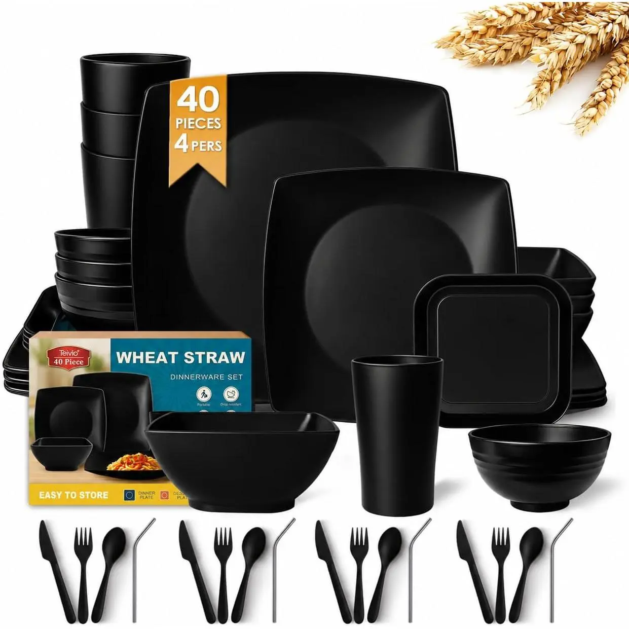 40-Piece Square Dinnerware Set for 4, Black Wheat Straw Plastic Plates, Bowls, Tumblers & Cutlery, Unbreakable Reusable Dishes for Camping & Picnic, Tableware, Dinner Plates