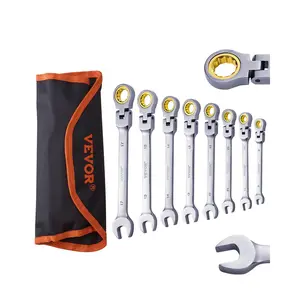 【DealsForYouDays】VEVOR Flex-Head Ratcheting Wrench Set, 8-piece Combination Wrench Set with Roll-up Pouch, Cr-V Steel Flexible Ratcheting Wrench Set Metric 8 mm to 17 mm, Ideal for General Household, Auto Repairs