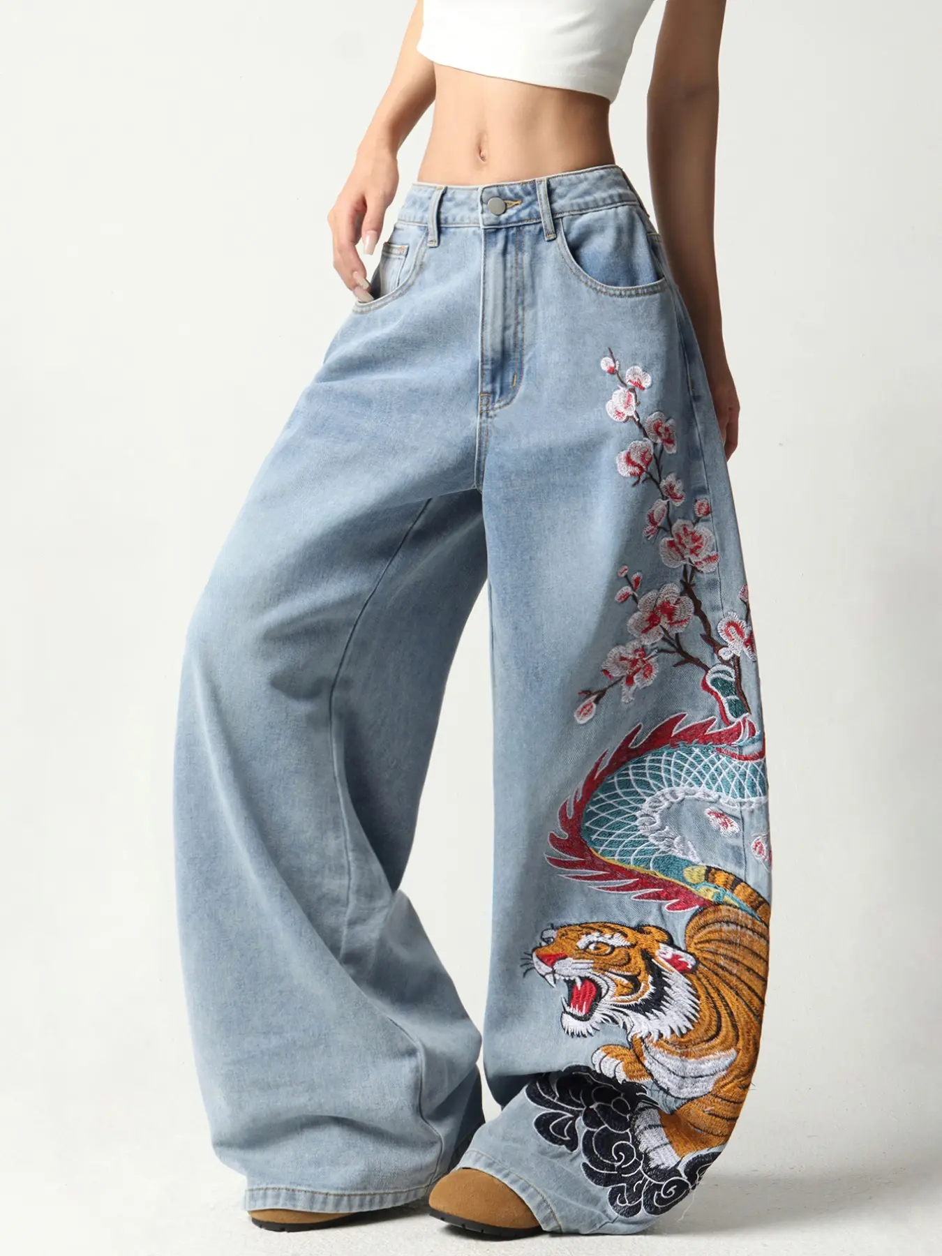 Women's Vintage Washed Blue Tiger Floral Embroidery High Waist Baggy Fit Wide Leg Jeans, Streetwear Hip Hop Fashion Long Pants, No Belt Included
