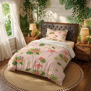 2/3PCS Pink Base Tropical Flamingo Floral Duvet Cover Set, Single Side Digital Printed Sweet Tropical Boho Style Bedding, No Comforter & Pillow Insert, Ideal Home Decor & Holiday Gift for Bedroom and Guest Room