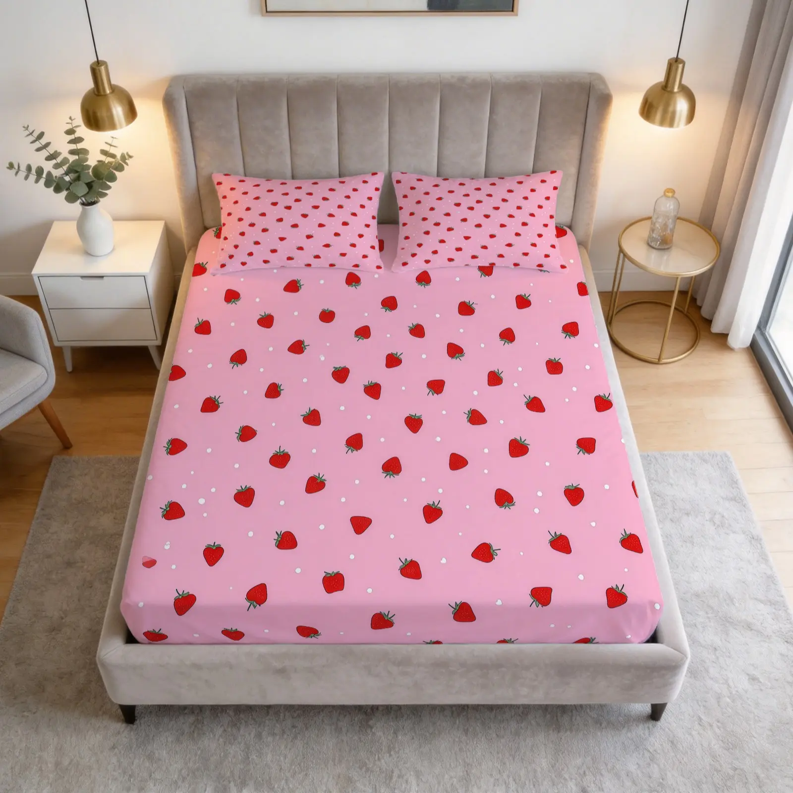 3-Piece Strawberry Patterned Bed Sheet Set, Soft And Comfortable Bedding Set, Including 1 Bed Sheet And 2 Pillowcases (Excluding Pillow Core), Suitable For Teenagers And Adults, Bedroom, Apartment, Guest Room, Dormitory Scenes, Cute Bedding, Bedsheets