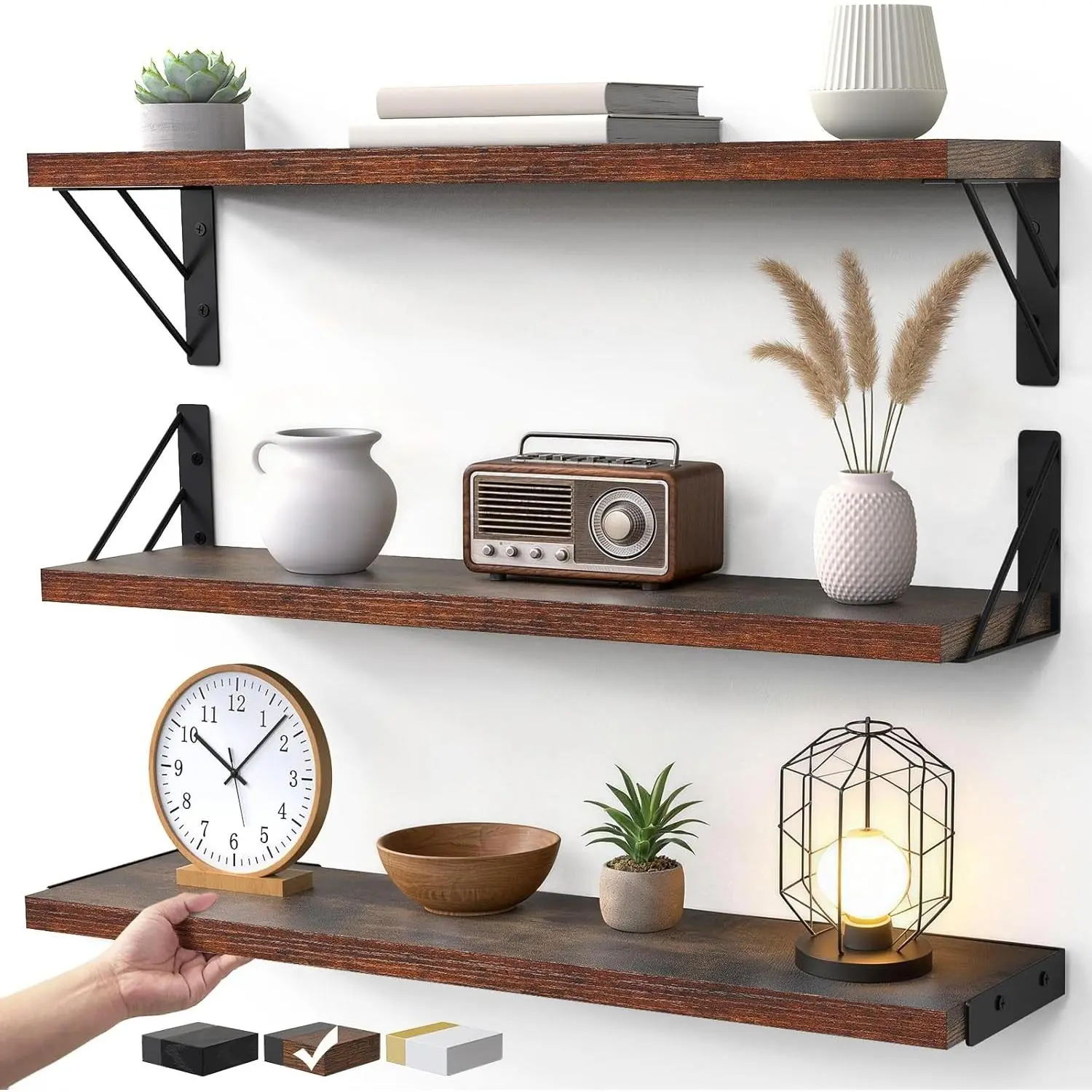 23-in Floating Wall Shelves, Rustic Wood Wall Shelves for Bedroom, Bathroom, Kitchen & Living Room, Display Shelf for Books, Plants & Decor (Rustic Brown)