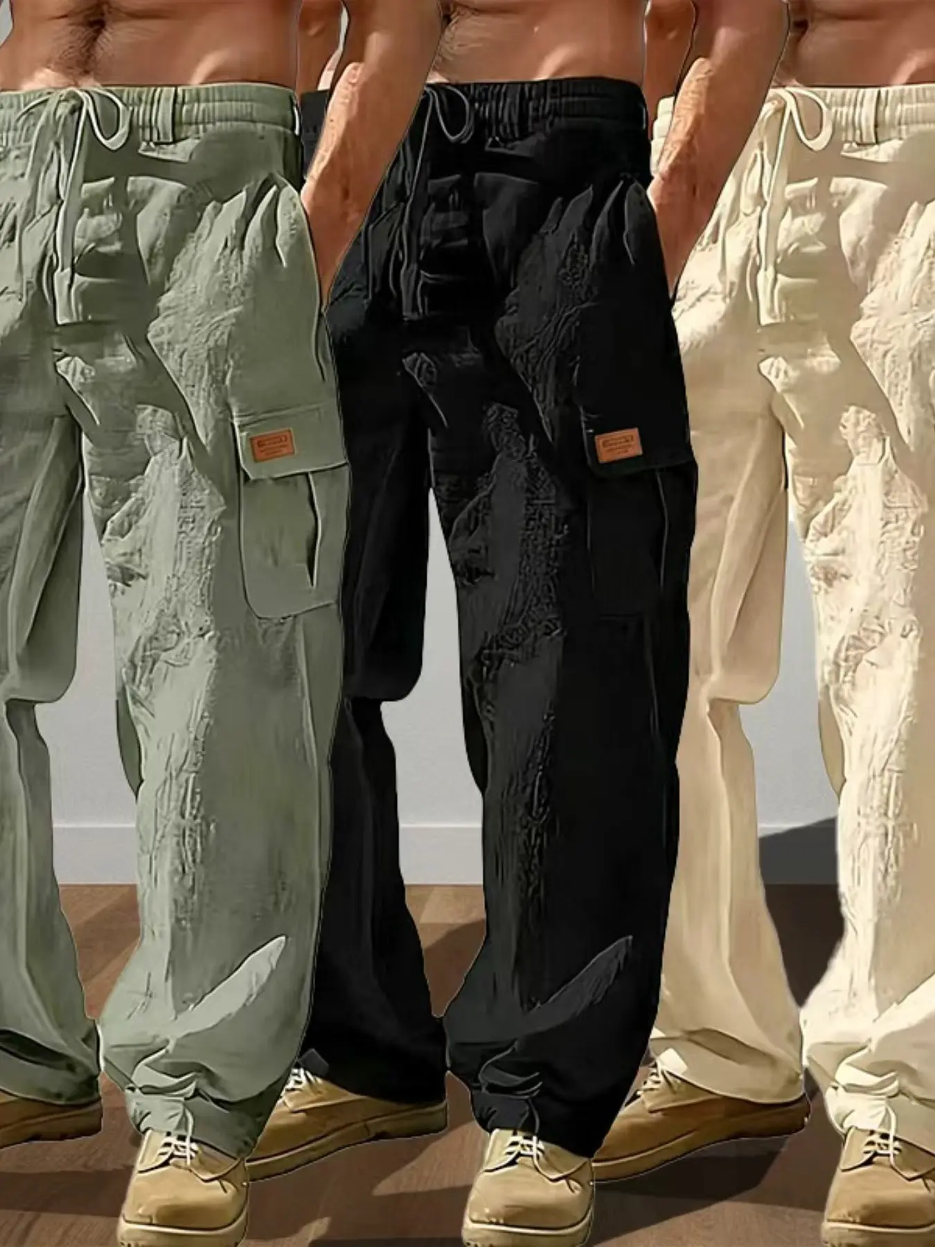 Men's Workwear Linen Pants 3-Pack, Drawstring Multi-Pocket Straight-Leg, Breathable Solid Color Outdoor Beach Casual Long Pants Summer Menswear