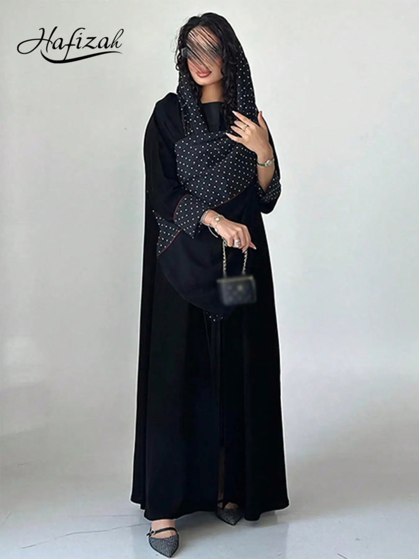 Hafizah Simple Colorblock Polka Dot Two-Piece Set, Islamic Clothing Set, Solid Flowy Long Cardigan with Small Polka Dot Scarf, Daily Commute Versatile, Fashion For Muslim Set