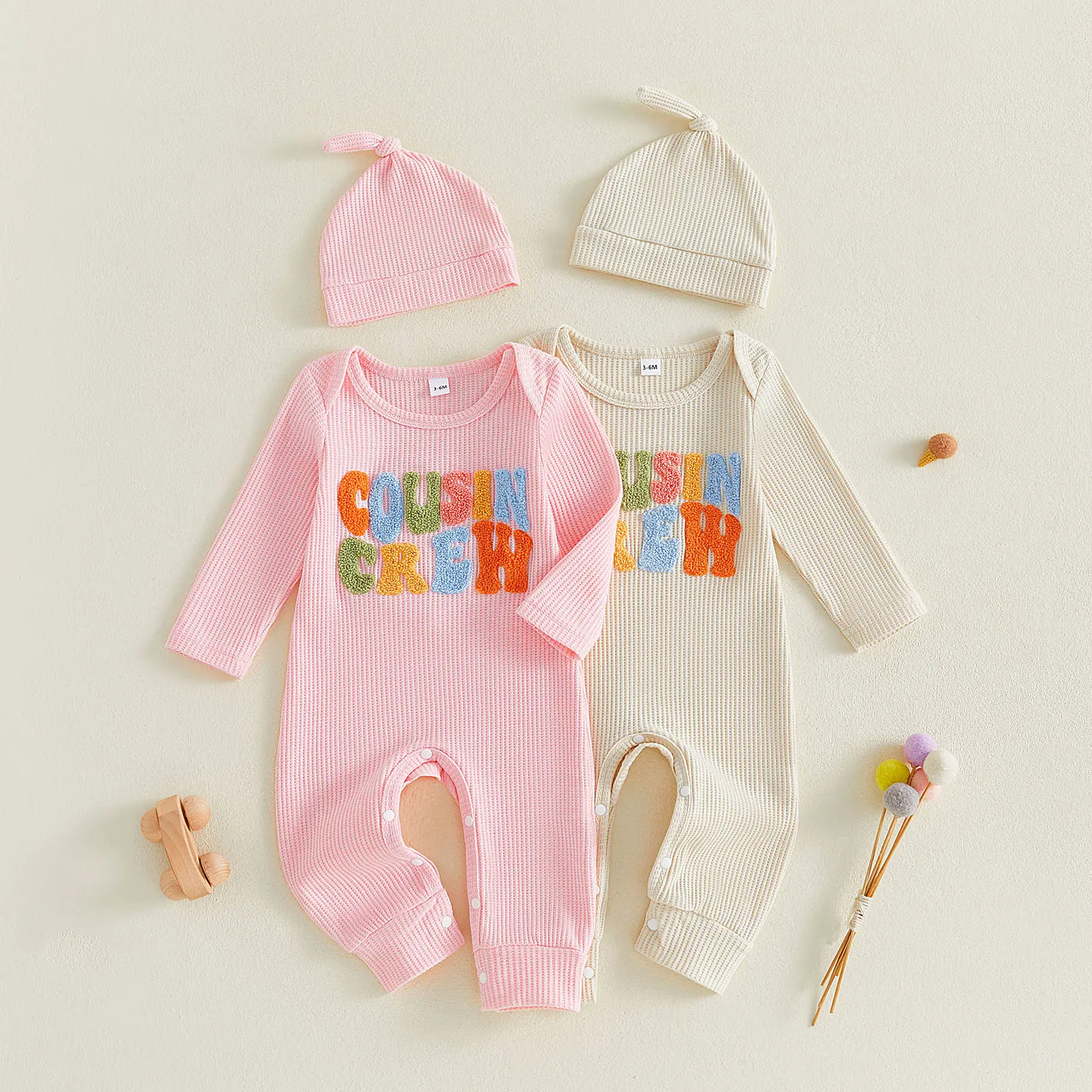Newborn Baby Boy Girl Waffle Romper Long Sleeve Letters Embroidery Jumpsuit with Hat Fall Winter 0-12 Months