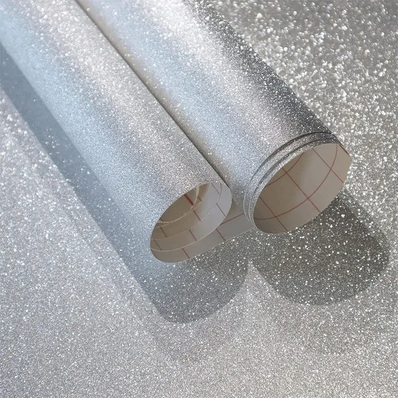 1 Roll Silver Glitter Self-Adhesive Decorative Wallpaper, Sparkle Peel and Stick Vinyl Contact Paper, Removable Glittery Wall Stickers for Bedroom Living Room Accent Wall DIY Decor, Shimmer Easy Application Party Decoration DIY Wallpapers