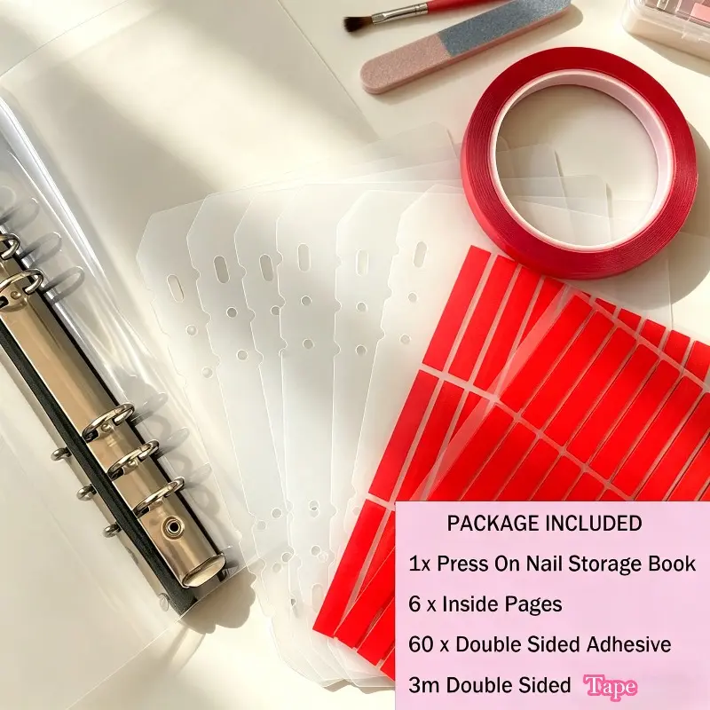 Press On Nail Storage Book Set with 6 Inner Pages 60 Double Sided Adhesive Strips 3M Tape Reusable Durable False Nail Display Organizer Book