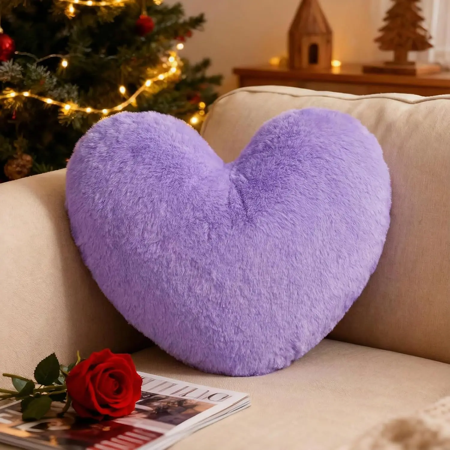 Heart Pillows Cute Fuzzy Throw Pillow Purple Love Heart Decorate Pillows for Bed Livingroom Sofa Gifts Home Decor Cushion Small 11.8" x 10"