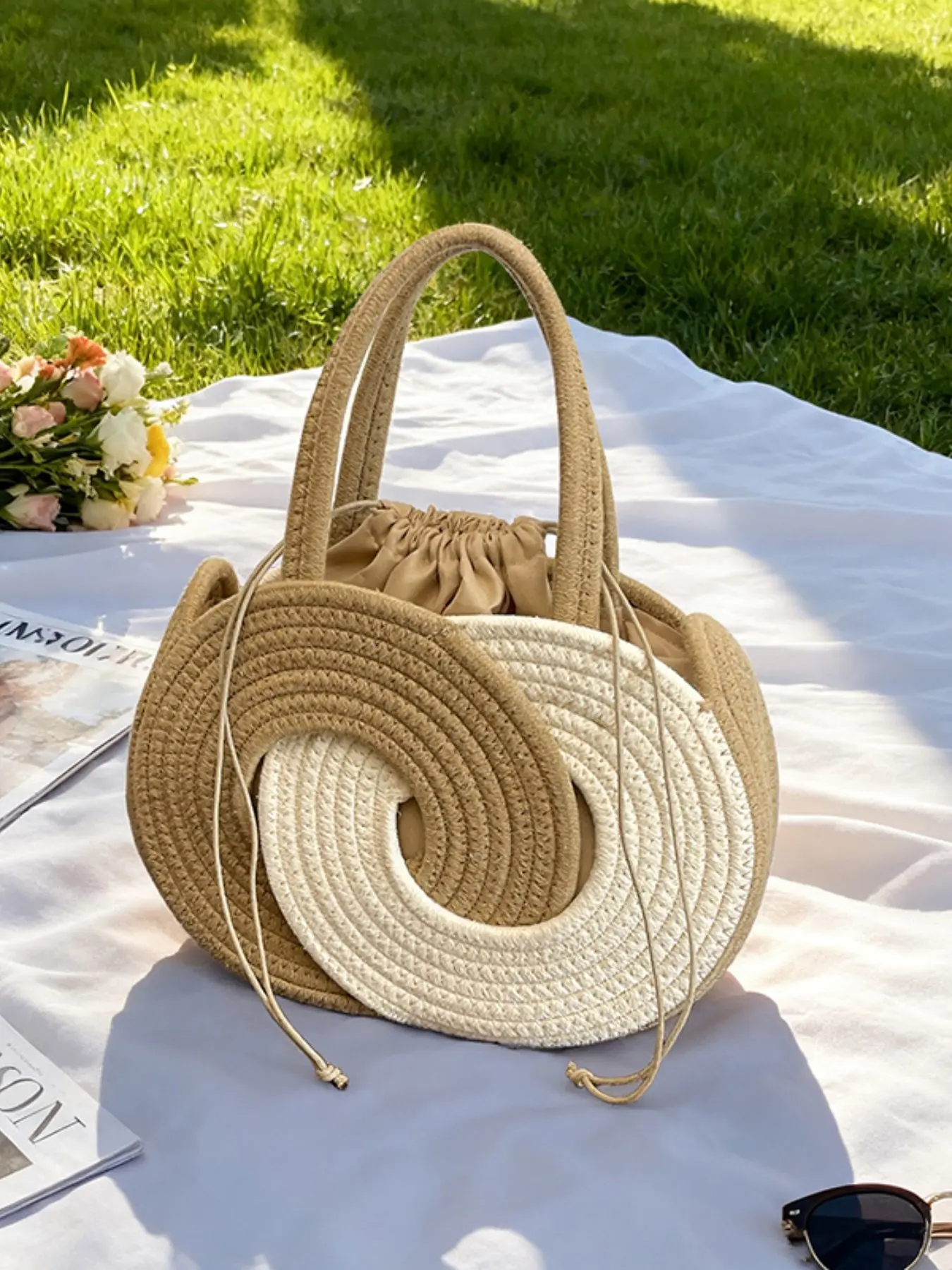 Women's Colorblock Straw Bucket Bag, Beach Vacation Casual Crossbody Shoulder Bag, Fashionable Versatile Handbag, Summer Resort Style, Braided Crossbody