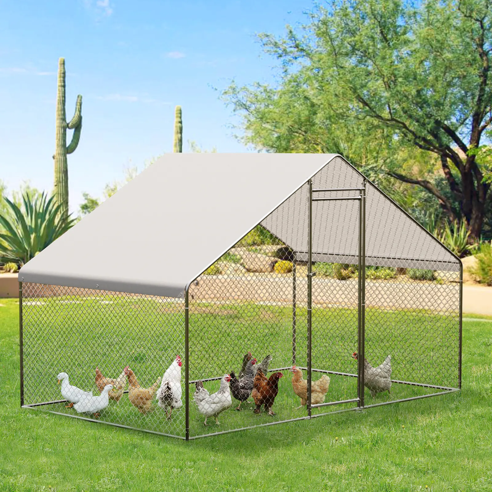 Large Walk-In Metal Chicken Coop – Secure Outdoor Poultry Cage with Waterproof Cover – Safe Backyard Chicken Enclosure with Top for Hens, Ducks, Rabbits – Great for Farms and Gardens