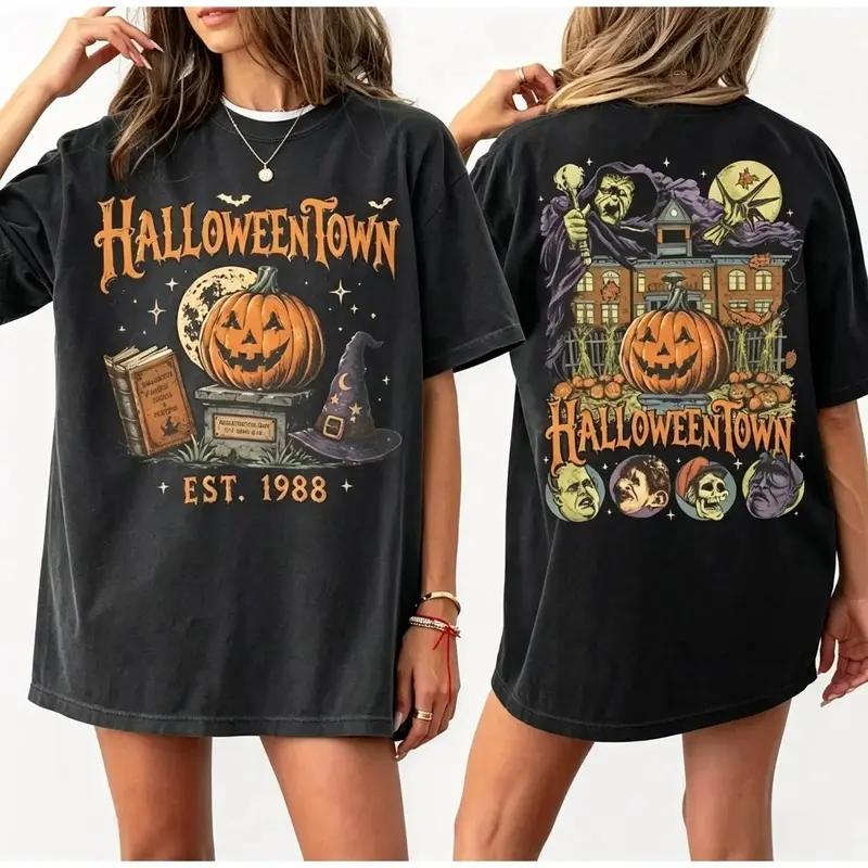 Vintage  Pumpkin Witch Spooky Halloween Double-sided T-shirt, Retro Halloween Tee, Spooky Season T-shirt, 90s Halloween Shirt