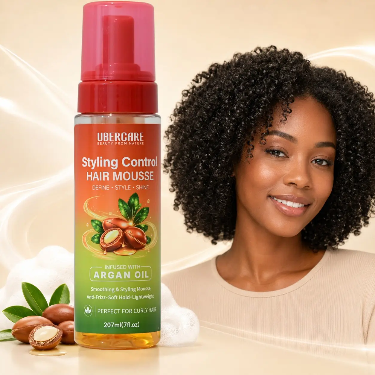 Argan Oil Hair Mousse, Lightweight Curl Shaping Foam for Curly Hair, Anti-Frizz Soft Hold Styling Mousse, Adds Shine for Wraps, Twist-Outs & Braid-Outs, 7 fl oz, Curly Hair Products