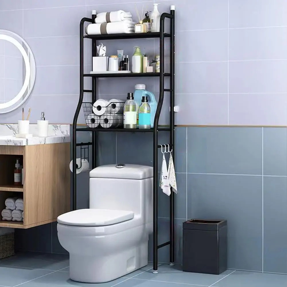 Space-Saving Over-the-Toilet Storage Rack, 3-Tier Freestanding Stainless Steel Bathroom Organizer with Detachable Towel Hooks & Toilet Paper Holder, Floor Standing Bathroom Shelving Unit for Small Bathrooms Laundry Restrooms, Black Finish