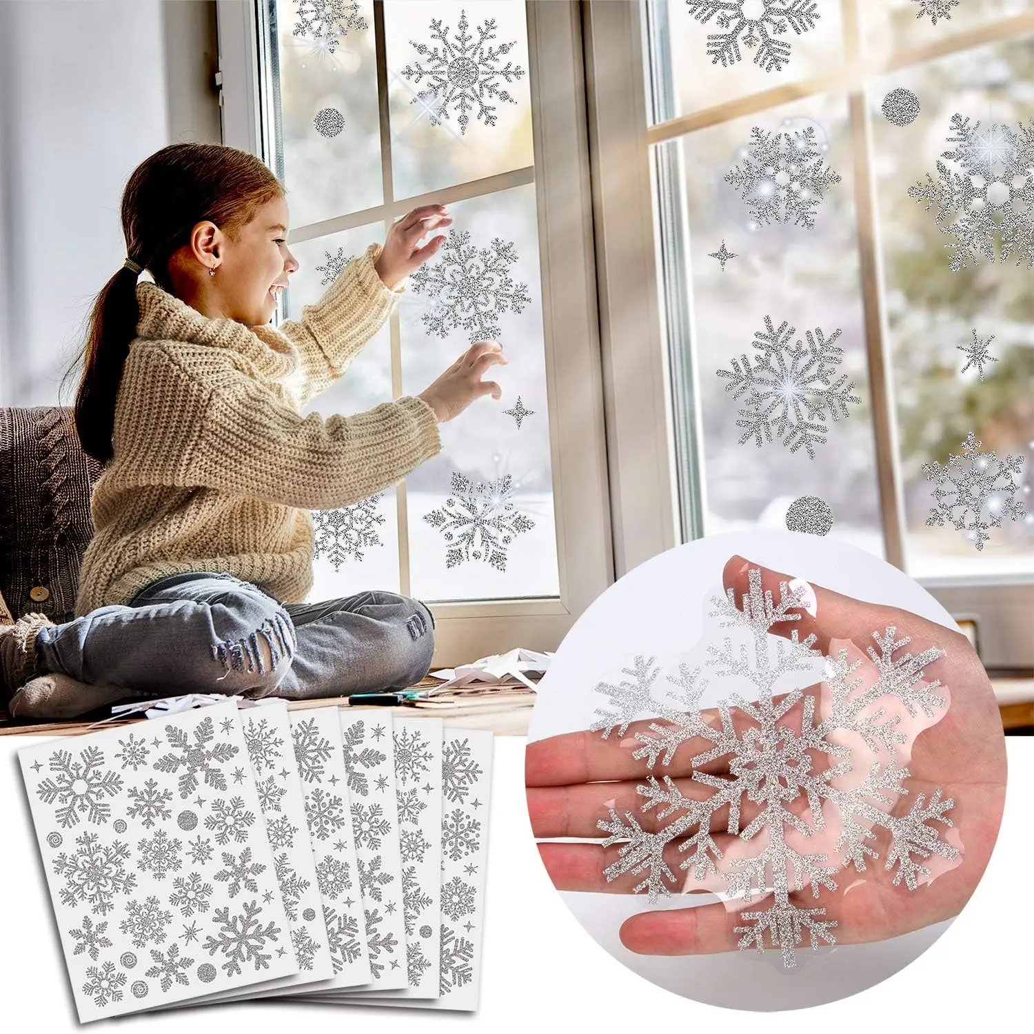Glitter Snowflake Window Clings Christmas Window  for Glass Winter Xmas Navidad Decorations 190 count (Sliver)