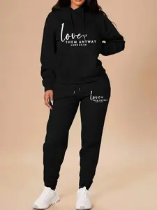 2 Pieces Womrn Sets Spring Fall Fashion Casual Home Outdoor Fitness Letter Print Women Long Sleeve Hooded Sweatshirt with Pockets + Pants Set Tracksuit