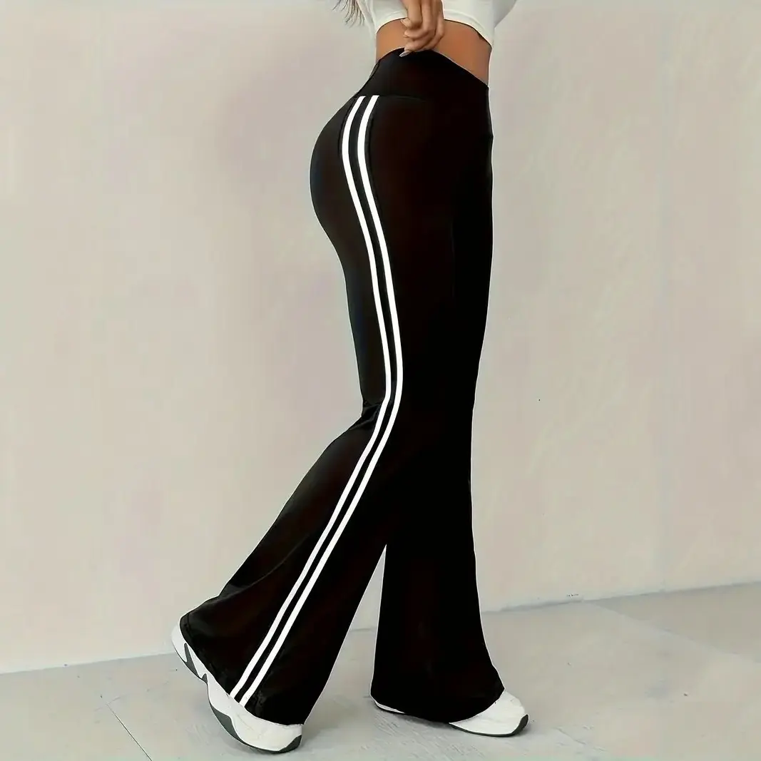Women’s High Rise Side Vertical Stripe Flared Athleisure Pants, Soft Drapey Bell Bottom Trousers for Workout Gym Daily Street Casual Sport Outfit