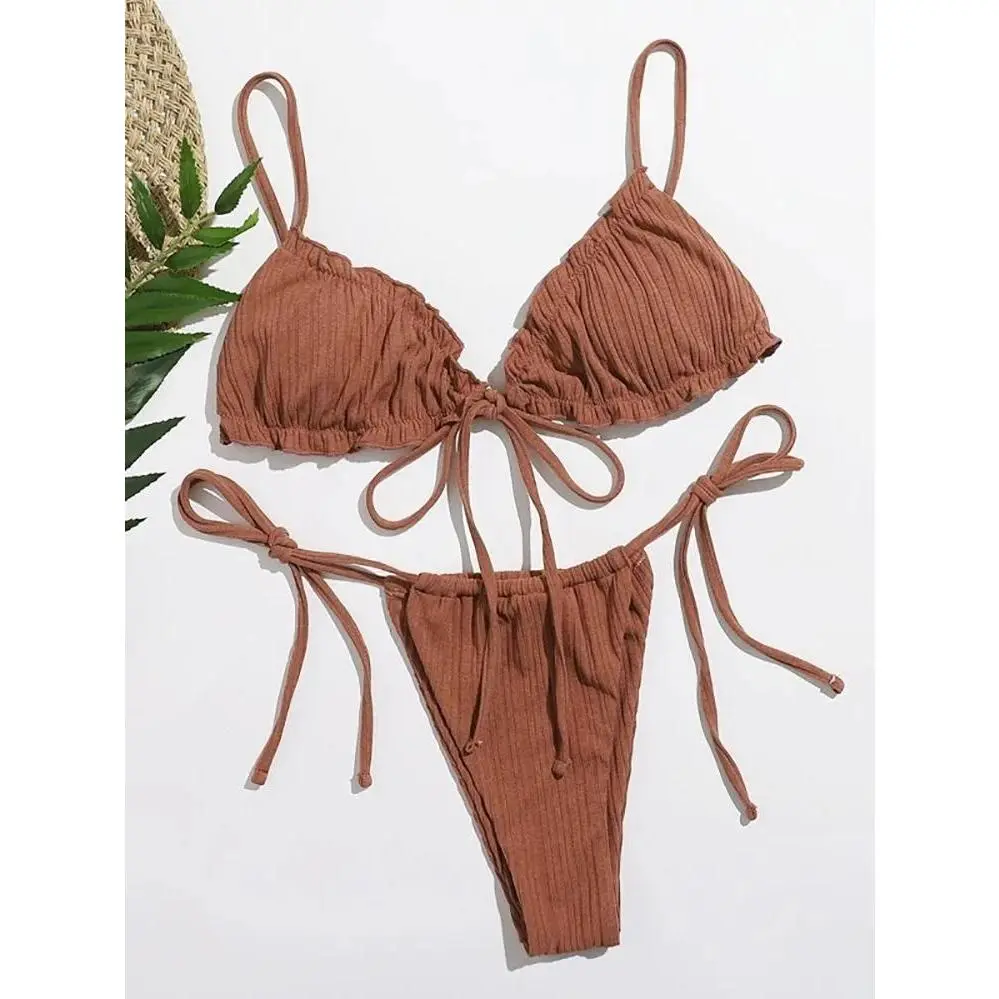 2025 New Women's Balconette Push-Up Bikini Sets - All Size Swim, Pit Stripe Bandage Solid Bikini Style Swimwear for Beach Sports & Outdoor Use, Sexy Swimsuit