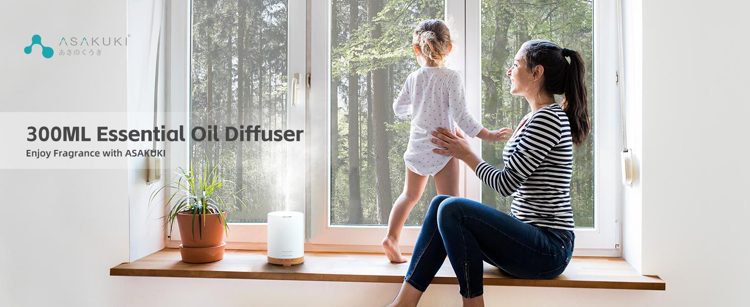 ASAKUKI 300ML Essential Oil Diffuser, Quiet 5-in-1 Premium Humidifier, Natural Home Fragrance Aroma Diffuser with 7 LED Color Changing Light and Auto-Off Safety Switch