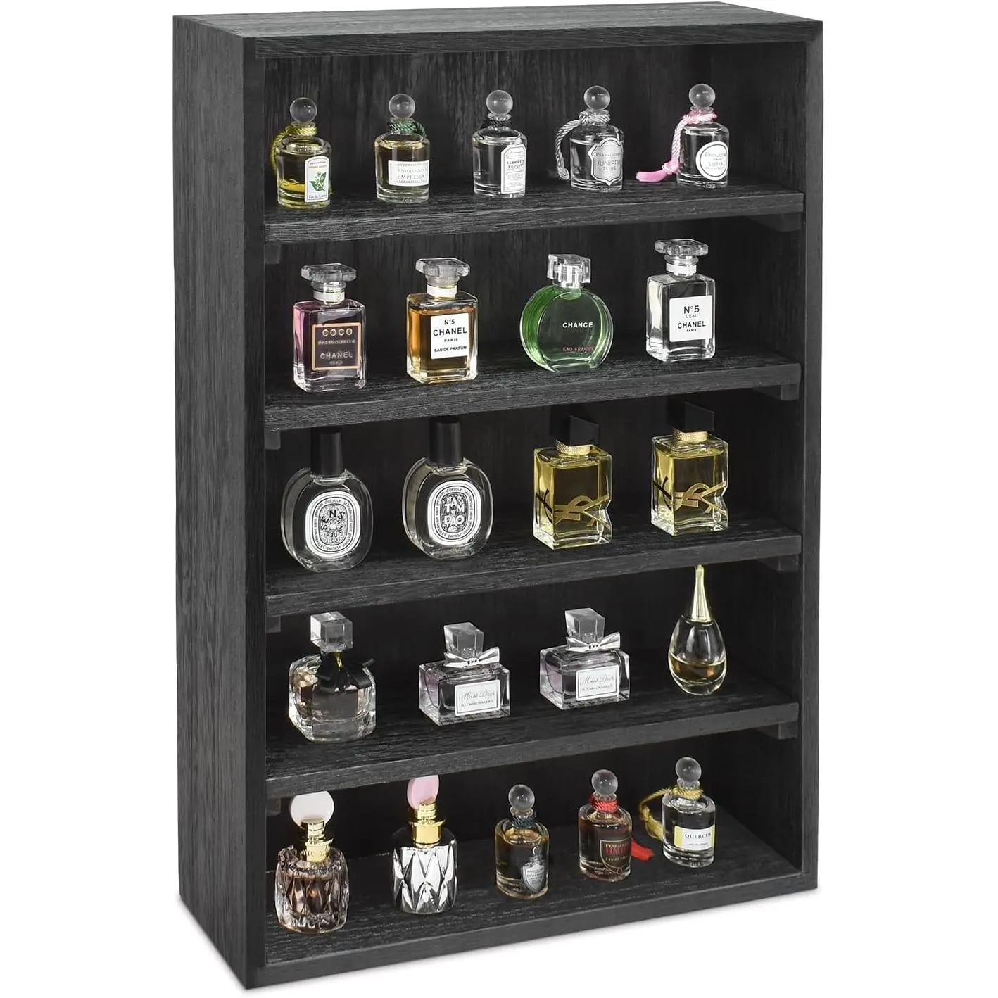Wooden Wall-Mounted Display Shelves Rack for Collectibles, Figures,Shot Glasses,Spice Can,Cosmetics or Perfume, 5 Adjustable Height Shelves,Space-Saving, Black Color