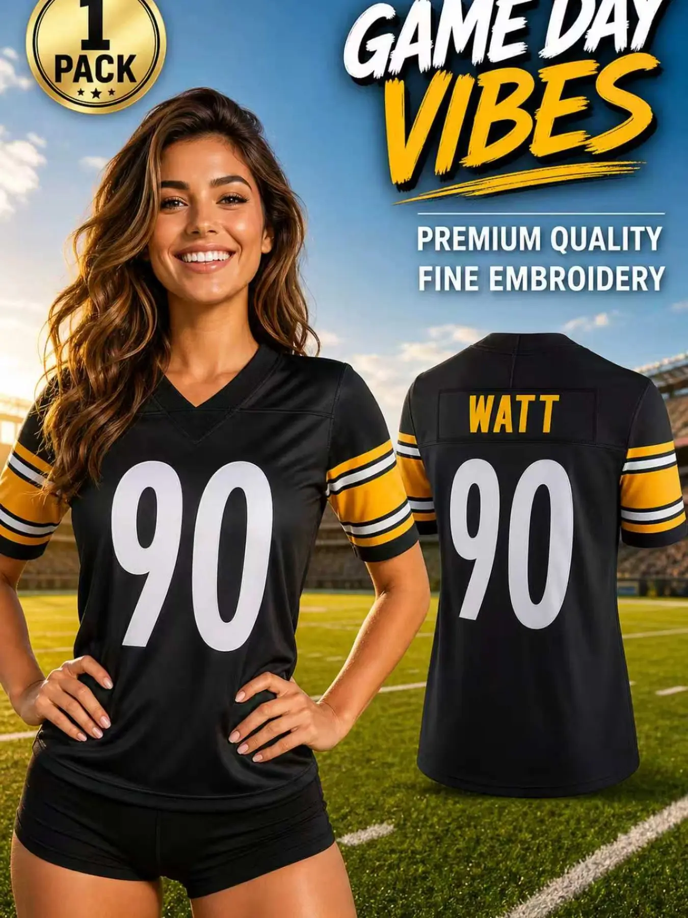 Women 90 Stitched Rugby Jersey Black V Neck Breathable Short Sleeve Athletic Top Game Day Outfit