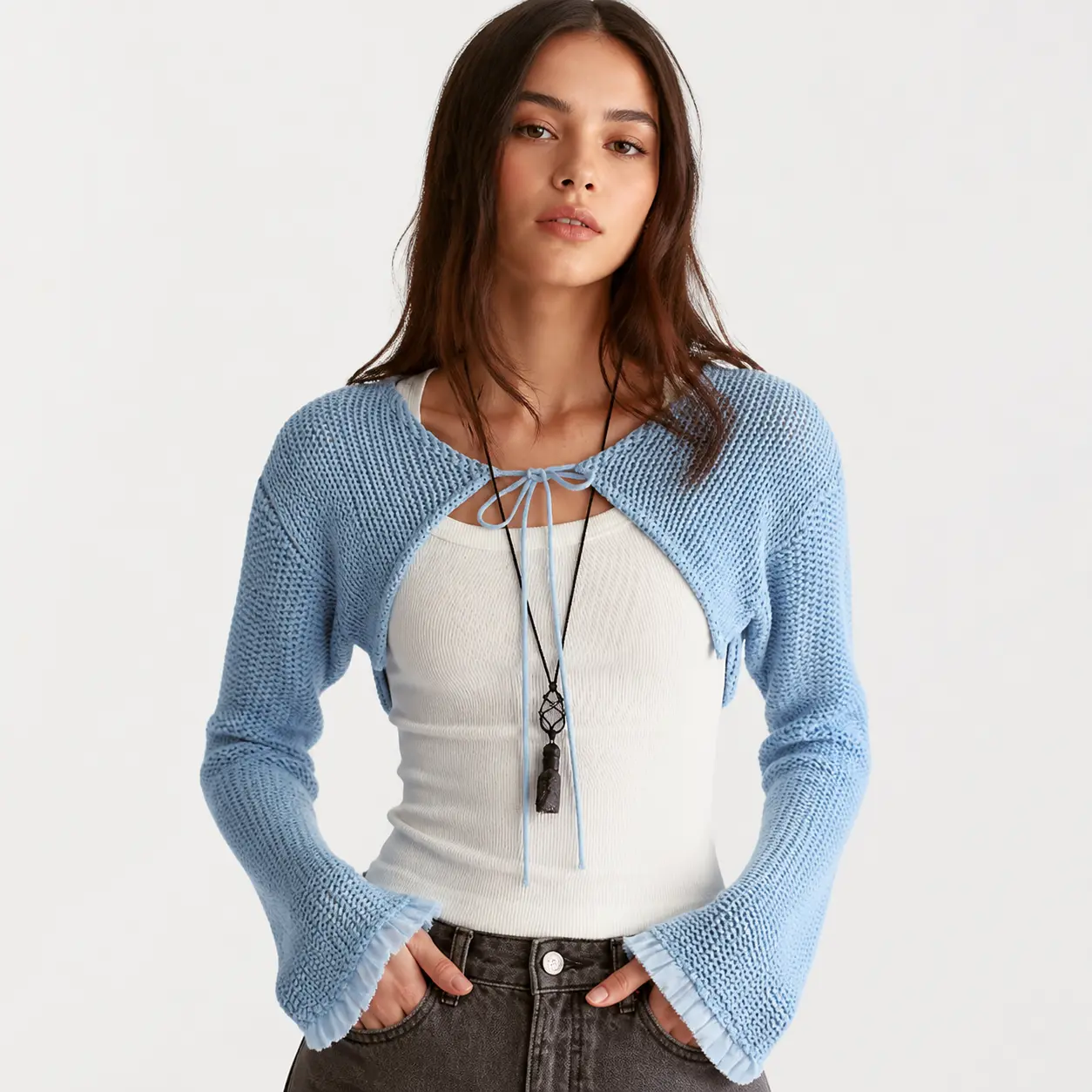 Women's Chunky Knit Bolero Shrug Tie Front Flare Sleeve Cropped Cardigan Y2K Coquette Cute Shrug Designer Inspired Unique Trendy