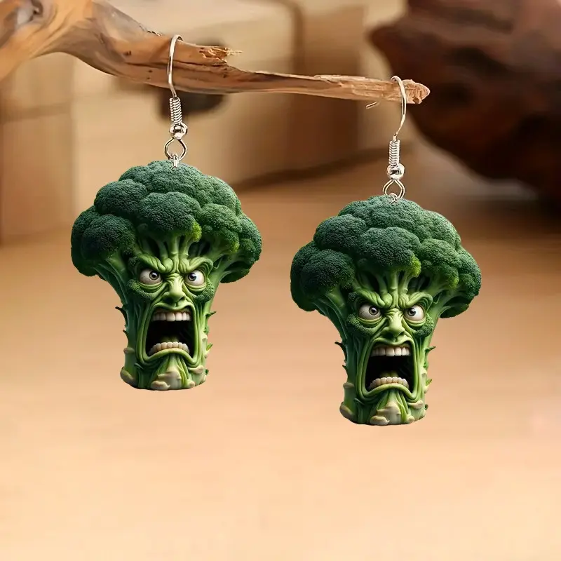 Angry Screaming Broccoli Face Dangle Earrings Novelty Funny Food Charm Earring