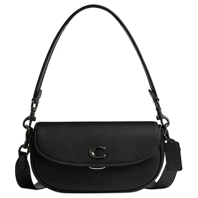 Coach Emmy 23 Leather Saddle Bag with Logo Push Lock Closure – Medium Size Handbag for Women, Black