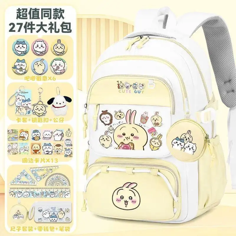 2026 new Chiikawa Backpack 27Pcs Gift Set Cute Anime School Bag with Accessories Kawaii Usagi Student Backpack with Badge Keychain Cards