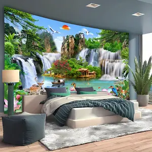 Pavilion Waterfall Feng Shui Backdrop Nature Landscape Backdrop Asian Style Background Cloth Scenic Tapestry Wall Hanging Photography Background Polyester Fiber Living Room Bedroom Home Decor Party Event Studio Prop Wall Art
