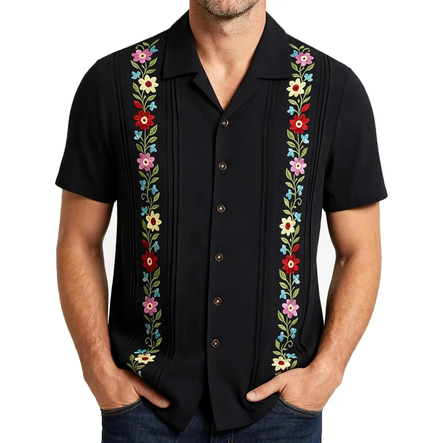 Men's Mexican Shirt, Guayabera Dress Shirts Embroidered Floral Short Sleeve Button Down Shirt