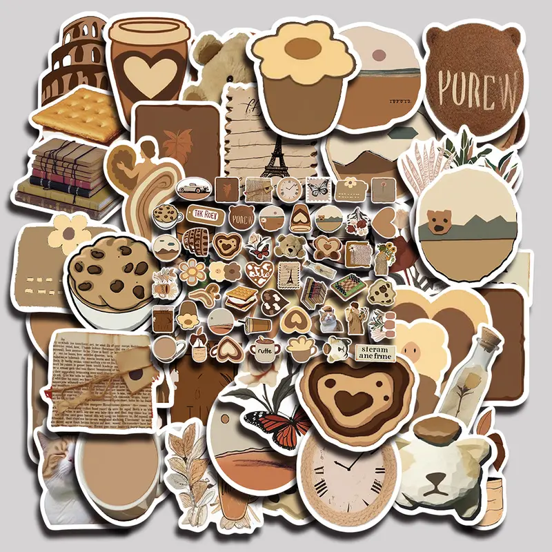 50PCS Brown Ins Aesthetic Vinyl Stickers Pack for Laptop Water Bottle Phone Case Skateboard Journal Scrapbook DIY Decoration