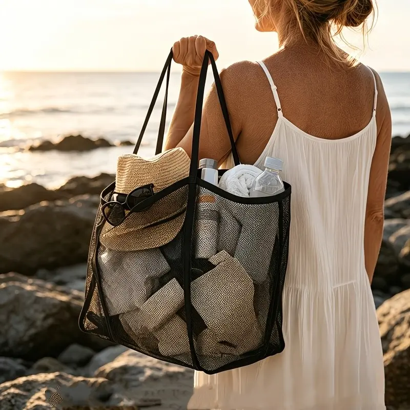 1 Large Capacity Mesh Beach Bag, Breathable Quick-Dry Sand-Proof Handheld Storage Bag, Portable Beach Toy Storage for Seaside Vacation and Swimming