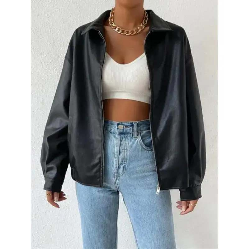 Women's Basic Plain PU Leather Jacket - Casual Minimalist, Drop Shoulder, Zip-Up, Fitted, Moderate, Comfortable and Warm Autumn Winter Outerwear for Cold Weather