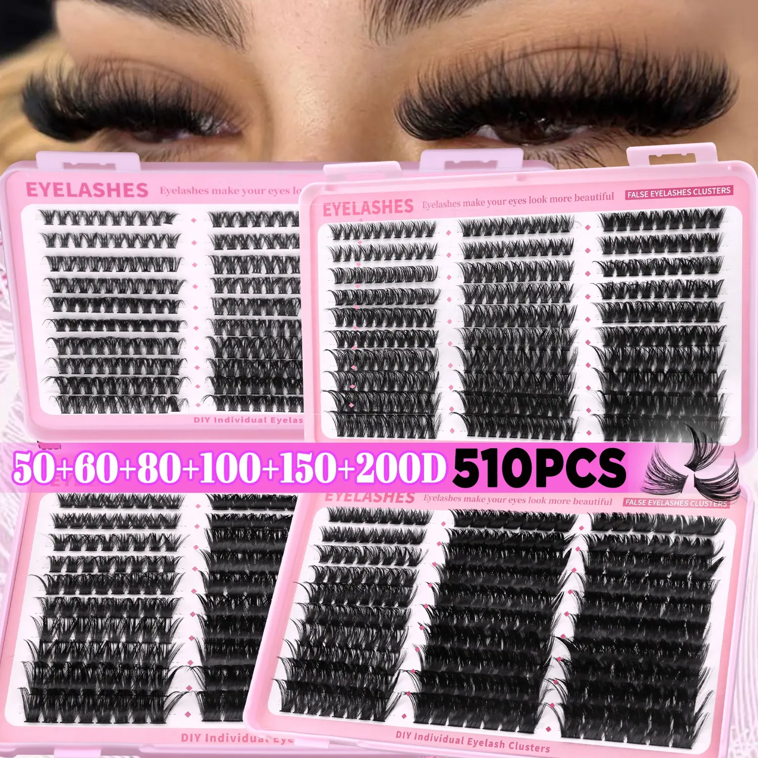 GROINNEYA Large Capacity Eyelash Book 510/570pcs Individual Lashes Thick, Fluffy 3D Wispy Cluster Eyelashes Volume Mixed Tray False Lashes, Volumized Fake Eyelashes C Curl DIY Lash Extension,Tail Elongated Eyelashes,Suitable For Party