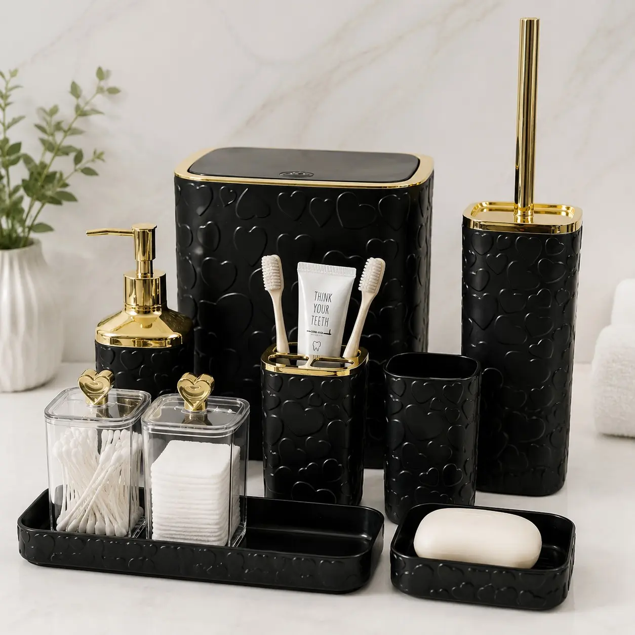 Heart Pattern Bathroom Accessories Set, Includes Soap Dispenser, Toothbrush Holder, Mouthwash Cup, Toilet Brush Holder, Trash Can, Soap Dish, Storage Tray