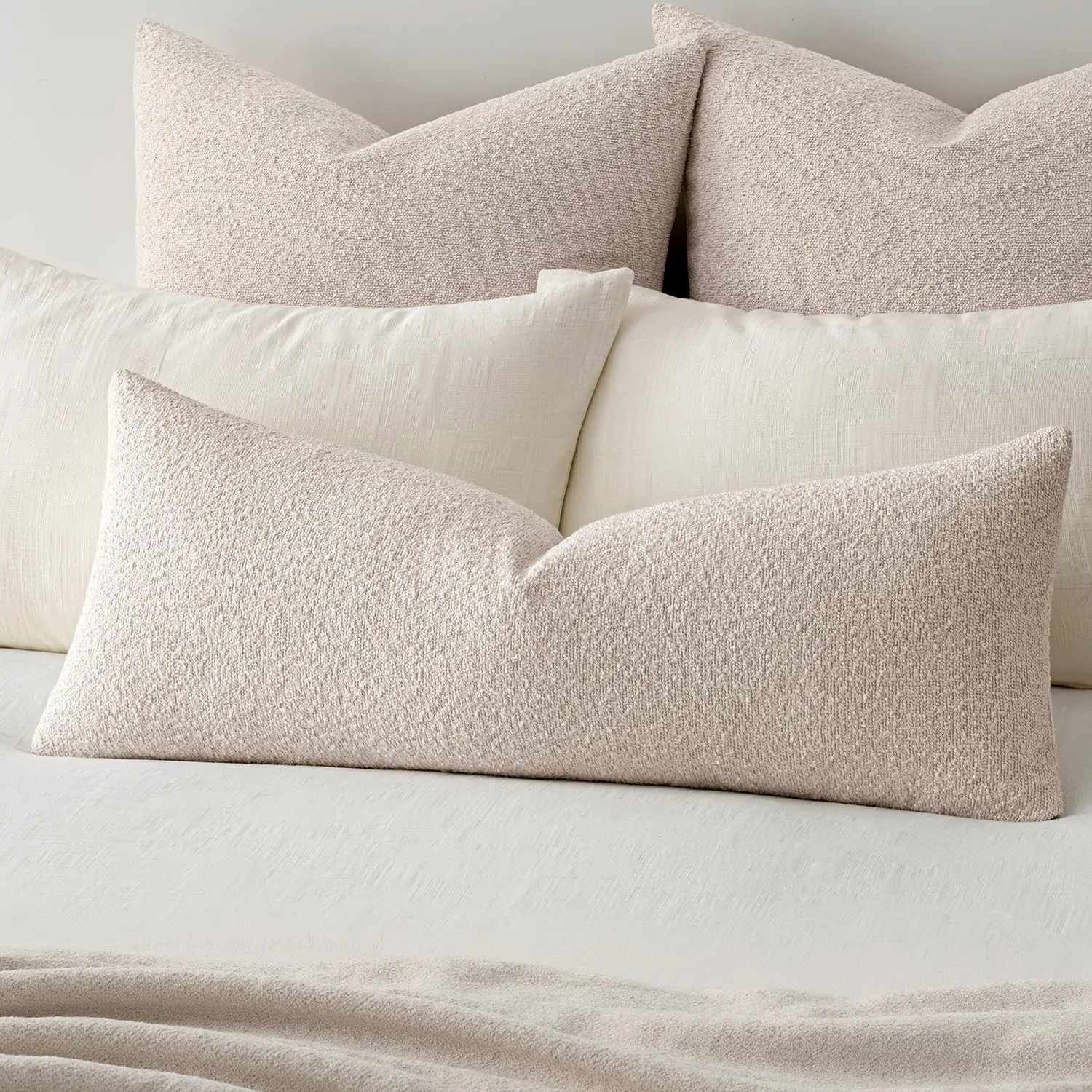 Textured Boucle Lumbar Pillow Cover for Bed 14x36 Beige | Pack of 1 Textured Neutral Couch Throw Pillow Cover, Accent Solid Long Body Pillowcase, Sofa Living Room Home Decor