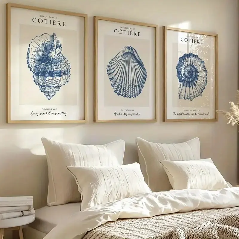 3 Piece Wall Art Set, Vintage Blue Ocean Theme Posters, Cute Shell Canvas Prints, Living Room Decor, Bedroom Aesthetic, Beach Lover Gift