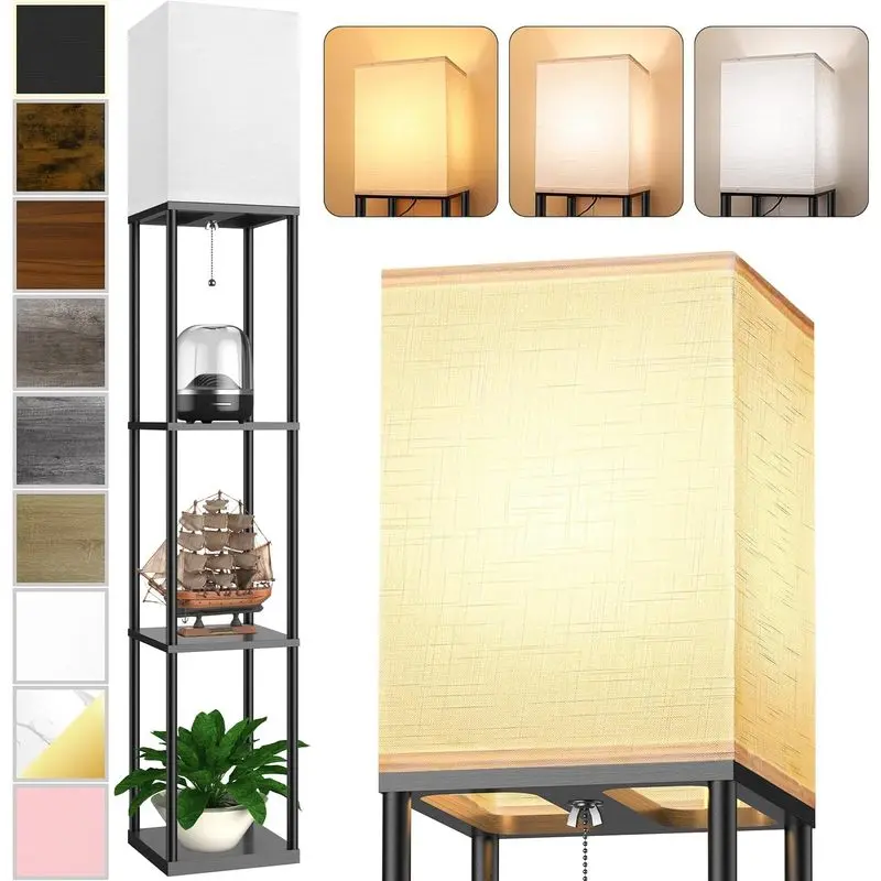 Floor Lamp with Shelves for Living Room, Shelf Floor Lamp with 3 CCT LED Bulb, Corner Display Standing Column Lamp Etagere Organizer Tower Nightstand with White Linen Shade for Bedroom, Office