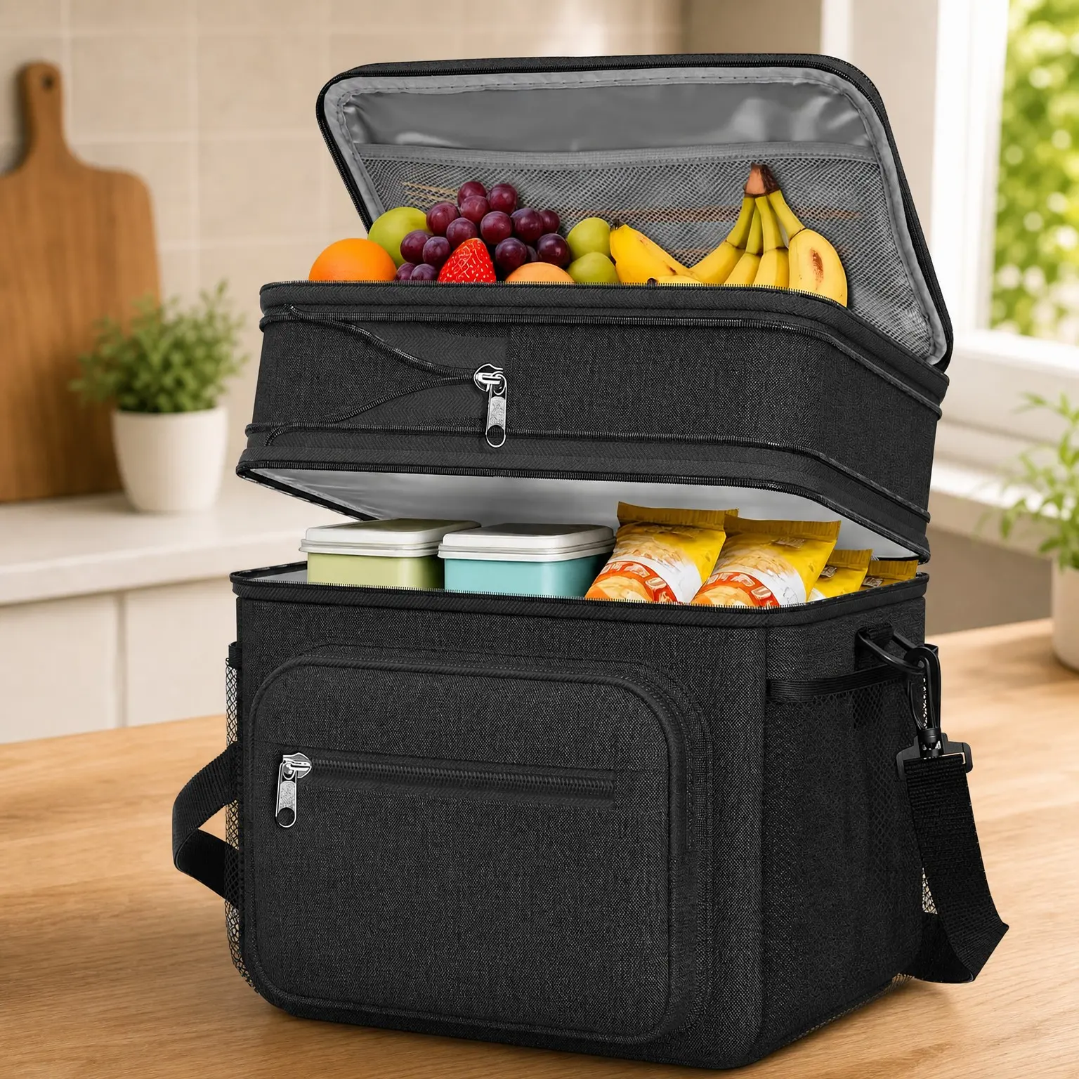 12L Double-Layer Insulated Lunch Bag for Men & Women – Leakproof Lunch Box with Multiple Pockets, Portable Cooler for Work, Travel, Picnic, Camping, Hiking, Fishing, Gift, BlackGift