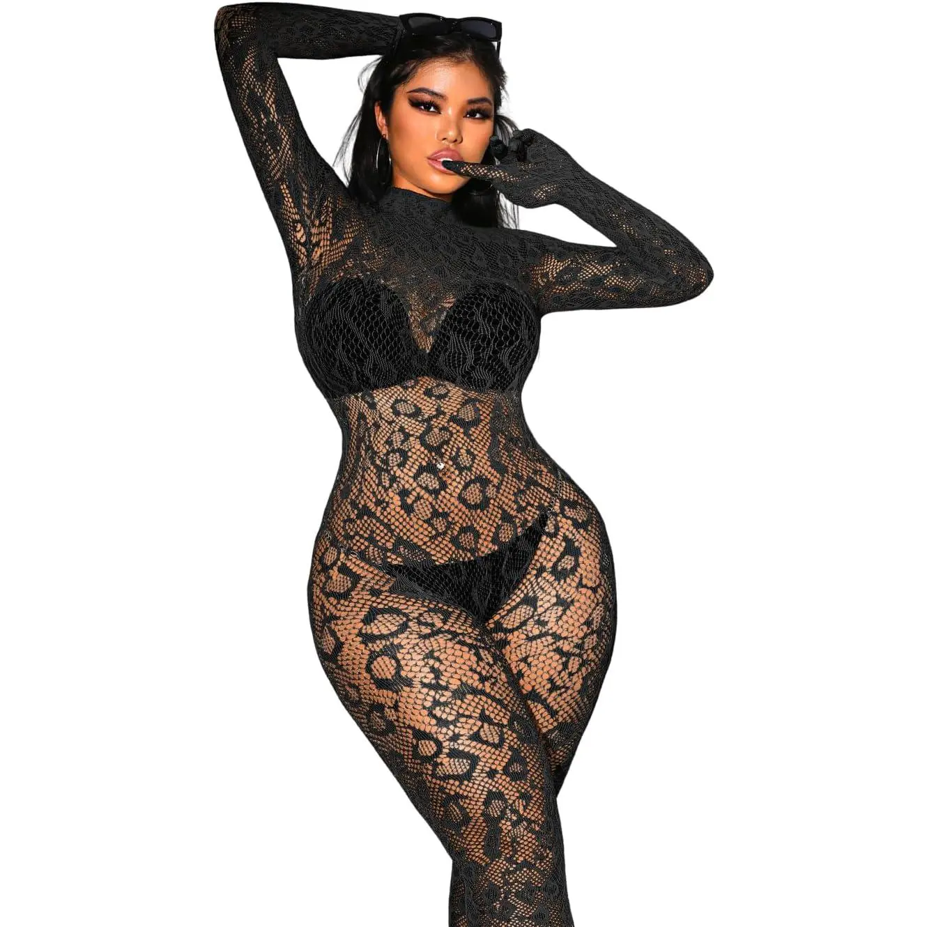 Sexy Lace Leopard Jumpsuit For Women, Fishnet Bodysuit Glow Party Club, Poster One Piece Mesh Full Body Rave Outfits(Gift)