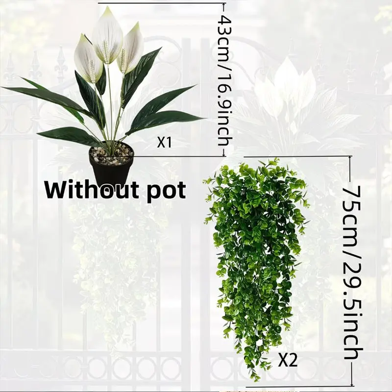 3 Piece Artificial Anthurium Wall Hanging Greenery, Realistic Peace Lily with Eucalyptus Vine, Indoor Outdoor Decor, Artificial Outdoor Plants, Decorative Fake Plant, Artificial Plant Set